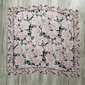 Vintage Ginnie Johansen large square scarf black pink roses floral rolled edges